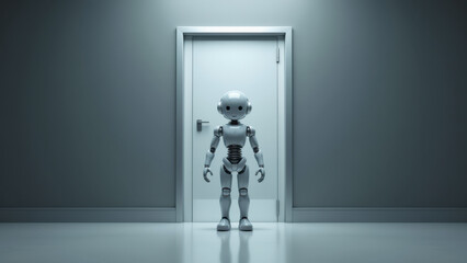 Obraz premium A modern robot standing in front of a closed door with its hand on the handle, symbolizing integration and entry into human environments.