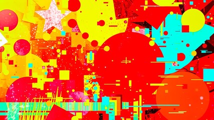 A vibrant abstract composition featuring a playful arrangement of geometric shapes in a dynamic interplay of colors.