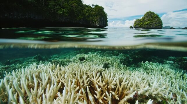 A split-level view of bleached coral reef in the ocean with lush green islands in the background.