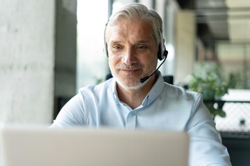 Smiling businessman using headset when talking to customer. Tech support manager in headset consulting a client