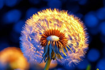 A blue dandelion atop a wooden stick against an indistinct backdrop of orange lights