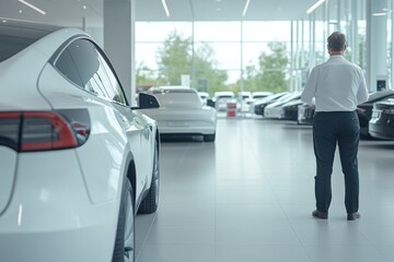 Person inspecting a modern electric car at a showroom. Generative AI
