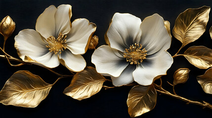 Golden Leaves & White Flowers 3D Illustration