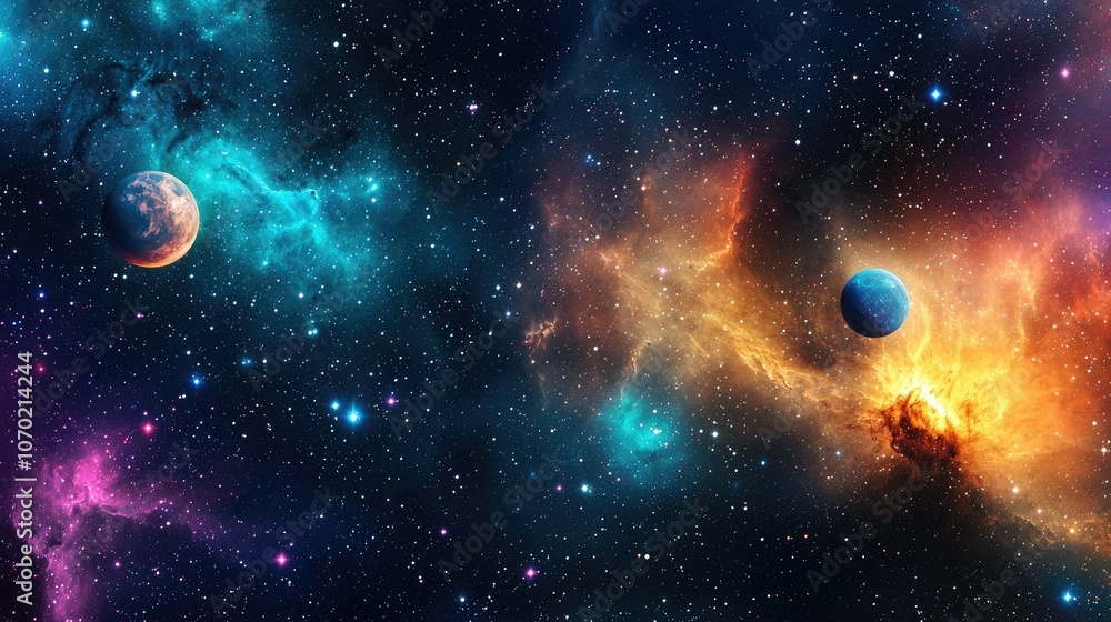 Poster a stunning image of a deep space nebula with two planets and twinkling stars.