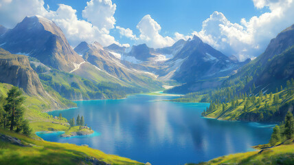 Fototapeta premium Idyllic Swiss mountain landscape with crystal-clear lake and towering peaks