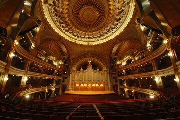 Obraz premium Empty theater interior boasting golden decorations and stage lighting with balconies and an organ