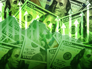 Dollar price going up with green graph and arrows, financial and business concept design. 100...