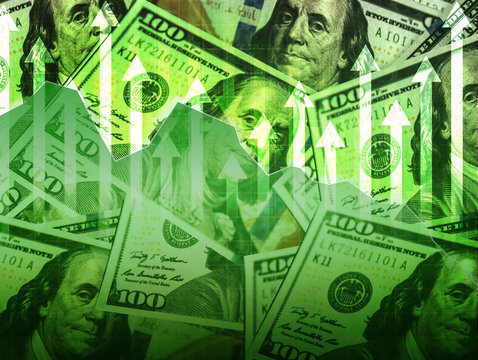 Dollar price going up with green graph and arrows, financial and business concept design. 100 dollar bill with increasing value concept backdrop