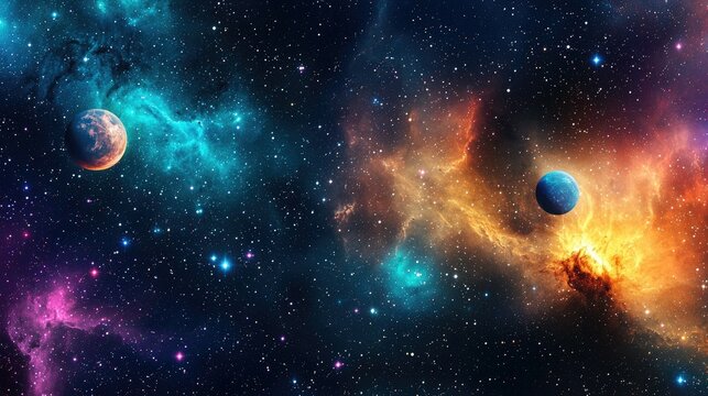 A stunning image of a deep space nebula with two planets and twinkling stars.