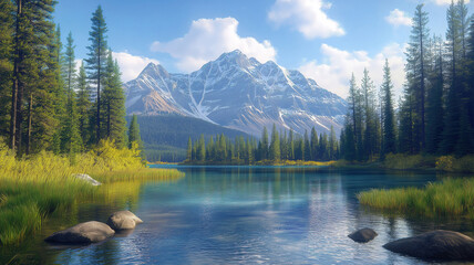 Naklejka premium Idyllic landscape of Banff National Park in Alberta, showcasing pristine lakes and towering mountain