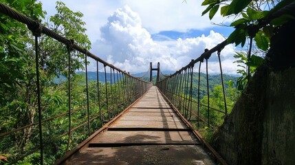 Fototapeta premium A suspension bridge stretches across a valley, leading to a lush green forest on the other side. 