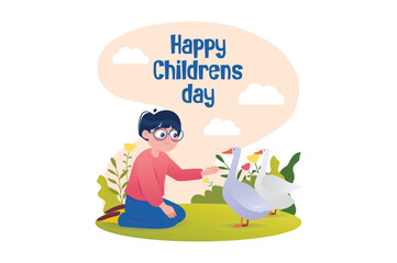 A child is kneeling and feeding two geese in a garden with plants and clouds in the background. Vector illustration