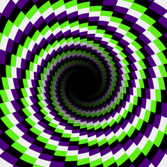 Eye-catching round frame of spiral serrated stripes. Psychedelic background design. Optical illusion of moving pattern.