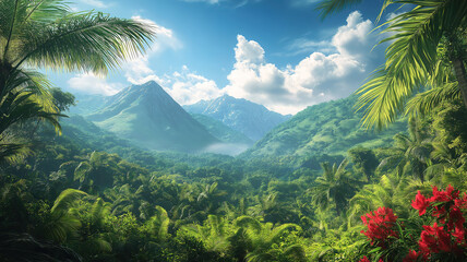Magical jungle scenery with mountains in the distance and an overcast sky