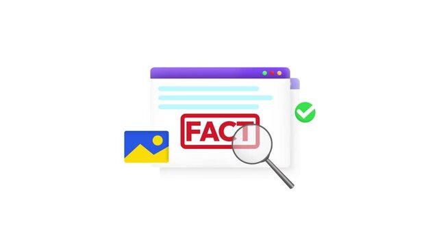Fact-checking design element animation 4k on the white and black isolated backdrop. Fact verifying concept design with magnifying glass and modern design