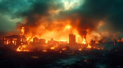 Obraz premium Burning Cityscape - Illustration of Flames and Ruins