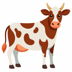 Cartoon cow white with red spots full-length standing and looking.