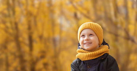 Child in autumn park. Portrait of a boy, horizontal autumn banner with free space