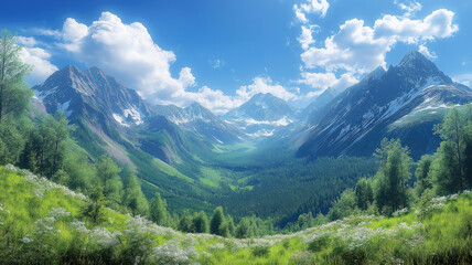 Fototapeta premium Stunning panoramic landscape of summer mountains with peaks and serene meadows
