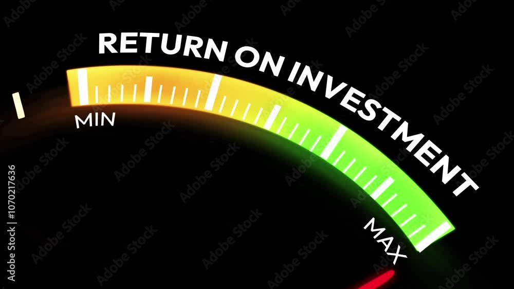 Aufkleber return on investment speedometer 4k animation with a needle showing maximum point. roi in business c