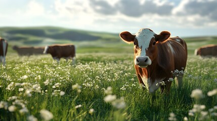 Red and White Cow in a Field of White Flowers and Green Grass