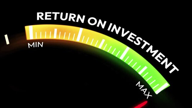Return on Investment Speedometer 4k animation with a needle showing maximum point. ROI in business concept with a green bar representing success 