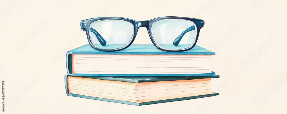 Poster a pair of stylish glasses rests atop a stack of neatly arranged books, knowledge and learning.