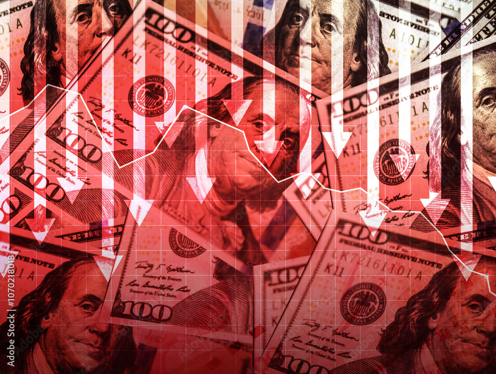 Aufkleber us dollar price going down with red graph and arrows pointing downward, financial background. high i