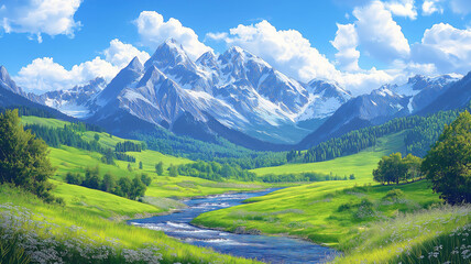 Obraz premium art showcasing a picturesque mountain landscape with a river meandering through green meadows