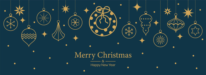 Merry Christmas template background with geometric minimalist elements. Pattern with gold line icons. Abstract modern banner in flat design. Christmas decoration. Vector illustration.