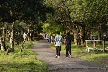 People enjoying sunny day in green park walking path. Pucon, Araucania Region, Chile