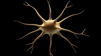 Neuron cell close-up view with 3D rendered image of interconnected neurons and synapses on a black background, abstract structure depicting synaptic connections and healthcare concepts