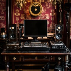 Fototapeta premium Music production setup with computer, speakers, and equipment in elegant room decor.
