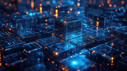 Obraz premium Advanced 3D Grid of Interconnected Blocks Emitting Blue Lights, Symbolizing AI, Blockchain, and Future Digital Infrastructure in a High-Tech Cityscape for Smart Data Communication