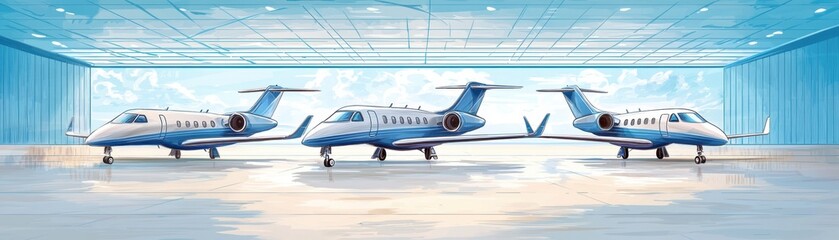 Obraz premium Three sleek jets are parked in a modern hangar
