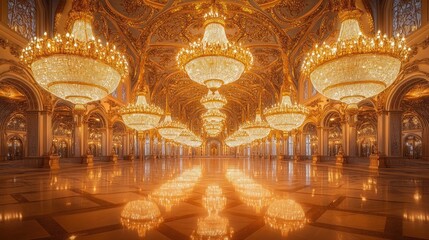 Obraz premium A grand hall adorned with ornate chandeliers reflecting on polished floors.