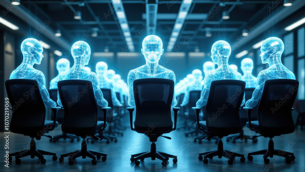 Poster bot integration. a futuristic meeting scenario with multiple people represented by holographic avata