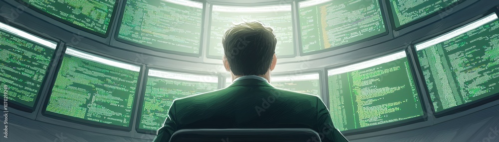 Poster a person sits before multiple screens displaying green code, a high-tech, digital environment