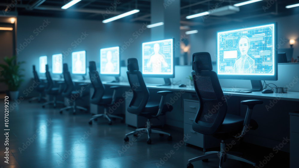 Aufkleber modern office with rows of desks equipped with screens, showcasing advanced technology integration.