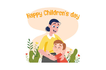 A mother and son joyfully celebrating Happy Childrens Day surrounded by colorful flowers and greenery. Vector illustration