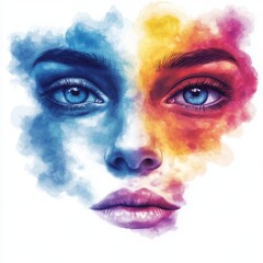 Vibrant dual-colored portrait showcasing emotional depth artistic expression.