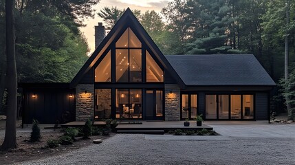A modern house in the woods with black metal accents, large windows