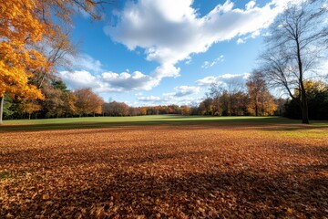 Naklejka premium Beautiful autumn sky adorned with scattered clouds, showcasing vibrant hues and tranquil serenity.