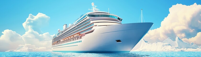 A majestic cruise ship sails through a calm sea against a backdrop of vibrant blue sky and fluffy clouds.