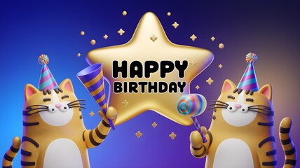 Two cartoon-style orange cats with black stripes celebrating a birthday. They wear party hats and hold festive items against a blue and purple gradient background with a golden star. AI generated.