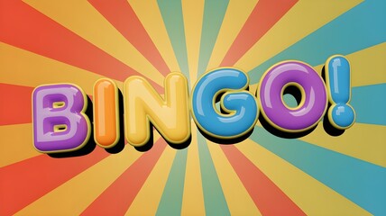 Bright, cheerful, 3D "Bingo!" lettering against a vibrant sunburst background. Perfect for game announcements, children's projects, or fun designs. AI generated.