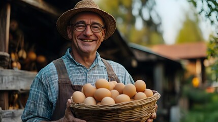 Smiling Farmer Holding a Basket of Fresh Eggs