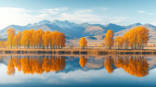 Golden autumn reflection of trees and mountains on the Irkut River in Siberia&rsquo;s Tunka Valley
