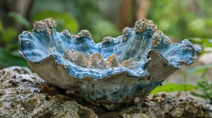 Obraz premium A vibrant blue and white mushroom with a unique and intricate texture rests on a rock.