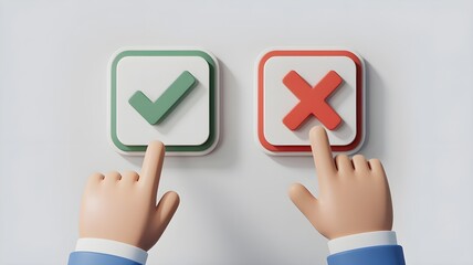 A top-down perspective shows two hands pressing buttons: a green checkmark on the left and a red cross on the right, symbolizing choices or approval/disapproval. AI generated.